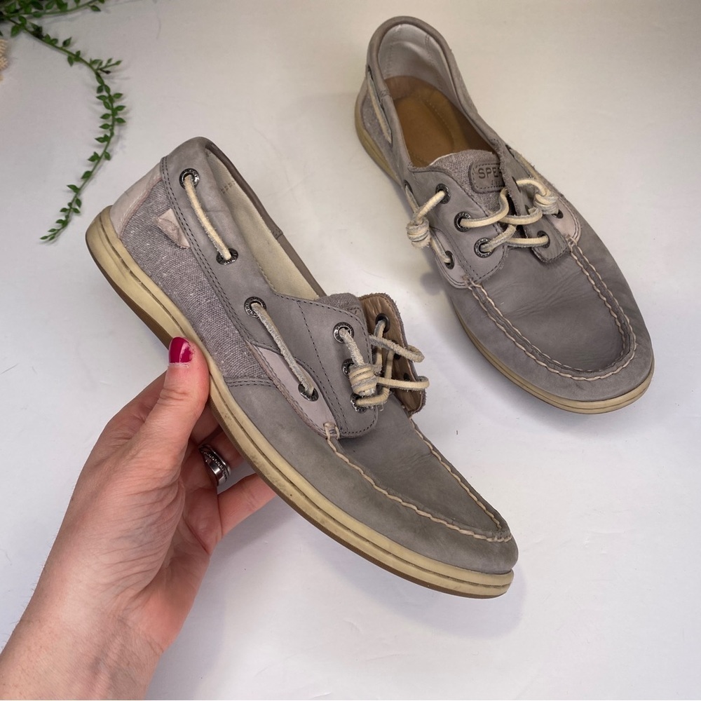 Sperry Songfish Grey & Tan Leather Top-Siders Slip On Boat Shoes Size 8.5M